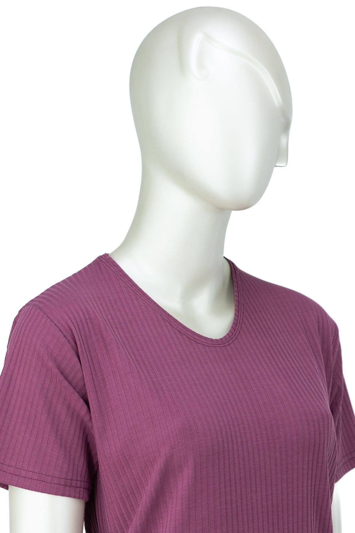 Kadın Penye Pamuklu Kumaş Anne Bluz Fitil Desenli Kısa Kollu Normal Kesim Tam Kalıp Likralı